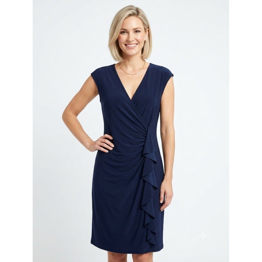 Db Established 1962 Dress 16 Navy Ruched Cascade Lined Cap Slv V-Neck